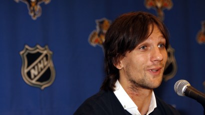 SUNRISE, FL - FEBRUARY 21: Richard Zednik #20 of the Florida Panthers speaks about a life-threatening accidental neck laceration he received by the skate blade of teammate Olli Jokinen in a game again SUNRISE, FL - FEBRUARY 21: Richard Zednik #20 of the Florida Panthers speaks about a life-threatening accidental neck laceration he received by the skate blade of teammate Olli Jokinen in a game again
