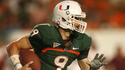 MIAMI - NOVEMBER 13:  Quarterback Robert Marve #9 of the Miami Hurricanes looks for room to run while taking on the Virginia Tech Hokies at Dolphin Stadium on November 13, 2008 in Miami, Florida. Miam