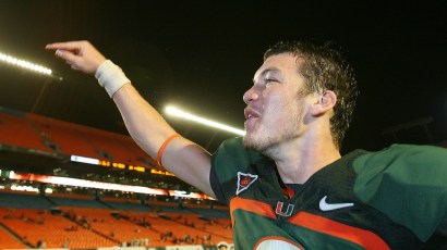 MIAMI - NOVEMBER 13:  Quarterback Robert Marve #9 of the Miami Hurricanes celebrates after defeating the Virginia Tech Hokies at Dolphin Stadium on November 13, 2008 in Miami, Florida. Miami defeated 