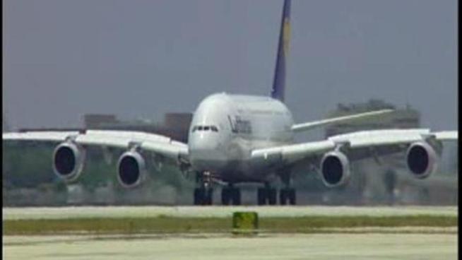 Lufthansa's Airbus A380 Lands at Miami International Airport. The huge plane will fly between Miami and Frankfurt, Germany everyday.