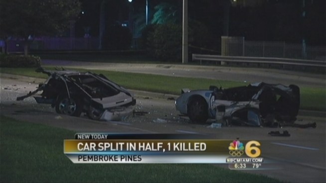 A 22-year-old man was killed and another hospitalized after a car collided into a concrete utility pole and split in two, police said.