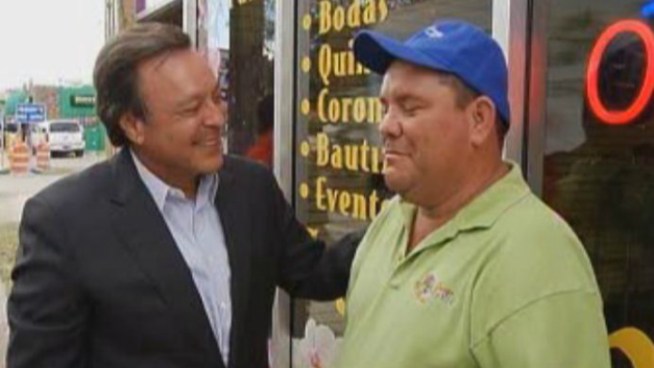 A Christmas wish came true for Jorge Alvart Thursday, when Mike Fernandez surprised him with a check to buy hundreds of Christmas trees from his flower shop. They spoke about the change of fate for Alvart, a double amputee who had been having trouble selling his inventory this holiday season.