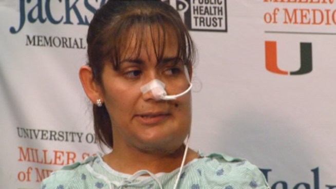 Evelin Matamoros speaks at a news conference just a couple weeks after she was shot in the face during a robbery in Miami-Dade. Allison Matamoros also comments.
