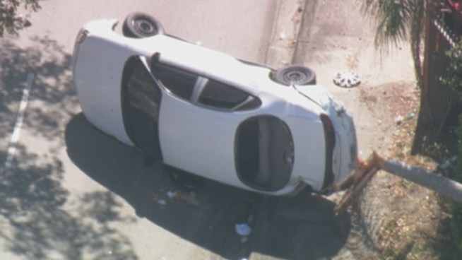 A teenage driver lost control of his car and flipped it on its side as he was being chased by police Thursday, police said. Witness Juan Sifontes described seeing the car upside-down.