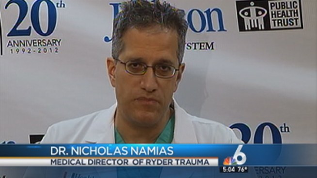 Dr. Nicholas Namias, medical director of Ryder Trauma Center, spoke about special procedures Jackson Memorial Hospital has in place to deal with patients from religious groups. The hospital treated about a dozen patients after a bus carrying a Jehovah's Witness congregation slammed into an overpass at Miami International Airport.