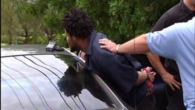 Four burglary suspects were arrested after a police chase on I-75 Thursday afternoon, Miami-Dade Police said. The chase began in Miami-Dade County and ended in Broward with the suspects' Mercedes-Benz crashing outside a Publix shopping center, police and witnesses said. The men first tried hiding in a car wash, then scattered. Three were found quickly, and a K-9 found the fourth man in a nearby neighborhood, police said. NBC 6 shot some video of the chase.