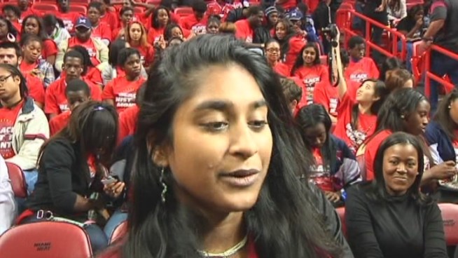 Students and teachers cheered with excitement as Miami Heat legends Alonzo Morning and Tim Hardaway battled it out game show style at AmericanAirlines Arena Tuesday, all in the spirit of Black History Month.