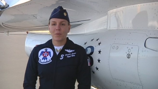Major Caroline Jensen is the first female Reservist demonstration pilot in U.S. Air Force Thunderbird history. She will fly this weekend in the Wings Over Homestead Air Show.