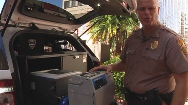 The SUVs will allow police to test whether drivers are impaired on the spot using the Intoxilyzer 8000 device, authorities said. Pete Cohen of the Florida Department of Transportation and Miami-Dade Police Lt. Alex Alfonso talked about the vehicles at police headquarters in Doral.