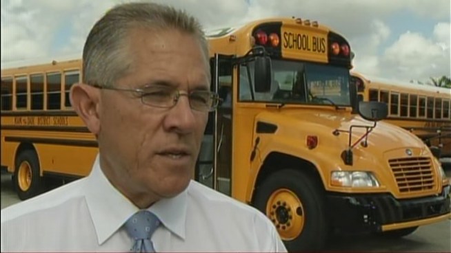 When the new school year starts, Miami-Dade schoolkids will be riding on 255 new buses that are environmentally friendly and fuel efficient. Superintendent of Schools Alberto Carvalho, Assistant Superintendent Marcos Moran and bus trainer Betty Harrell talk about the changes.