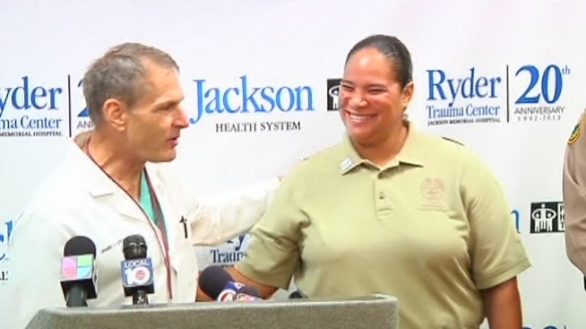 Officers who were treated at Ryder Trauma Center at Jackson Memorial Hospital thanked the doctors who saved their lives. Antonio Torres' skull was cracked after a motorcycle accident. He told NBC 6 the crash was the last thing he remembered.