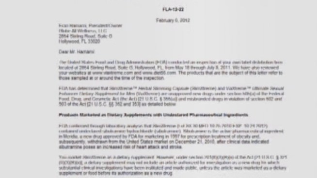 The U.S. Marshals have seized several dietary supplements that the FDA says contained Sibutramine, the active ingredient in Meridia, a drug that was withdrawn in the US in 2010. After many attempts to reach Globe All Wellness' owner, he told NBC 6 counterfeit versions of his product are giving him a bad name and that most of the pills seized by the government did not contain sibutramine.Myriam Masihy reports.