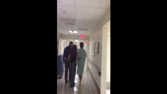 Beating victim Rene Betancourt takes his first steps at Jackson Memorial Hospital since the attack, in this video released by his family.