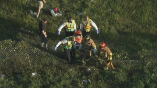Members of Davie Fire Rescue carried a person from the grass and then up an embankment, where they prepared to put him on a stretcher and then into an ambulance, aerial footage showed.