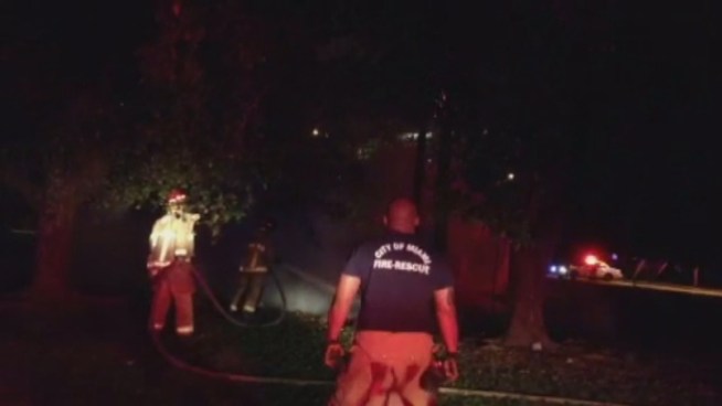 Video provided by Miami Fire Rescue spokesman Lt. Ignatius Carroll shows firefighters extinguish several trees that caught fire in a field in Miami.