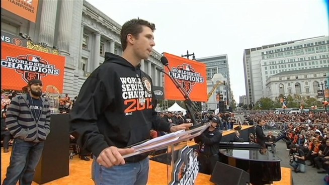 Matt Cain, Buster Posey and Sergio Romo address the fans at the Giants Celebration in downtown San Francisco on Oct 31, 2012.