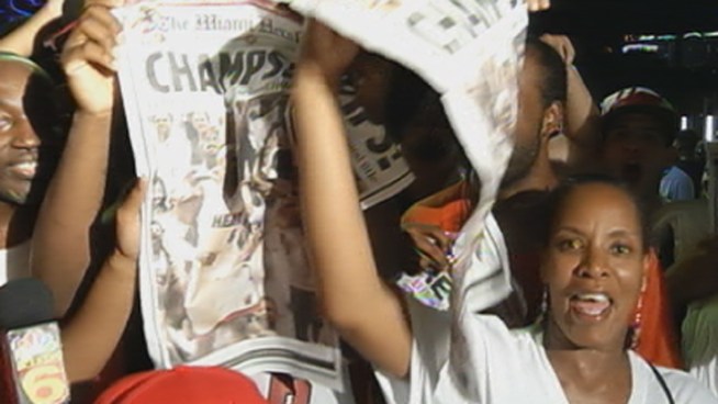 NBC 6's Kristina Pink talked to fans gathered outside the AmericanAirlines Arena after the Miami Heat Beat the Thunder.
