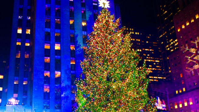 Watch as the 80-foot Christmas tree at Rockefeller Center is lit up with 45,000 LED lights.