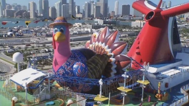 It's Thanksgiving on the High Seas too, and to celebrate Carnival Cruise Lines inflated a giant 55-foot turkey balloon on the Carnival Breeze on Wednesday.