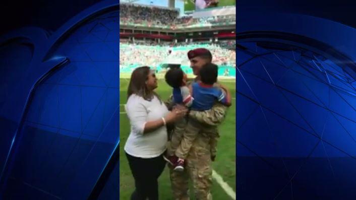 Soldier Surprises Family at Miami Dolphins Game
