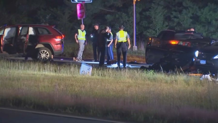 First responders at the scene of a deadly car crash in Plainville, Massachusetts, on Saturday, Aug. 24, 2024. A child was killed and a driver taken into custody.