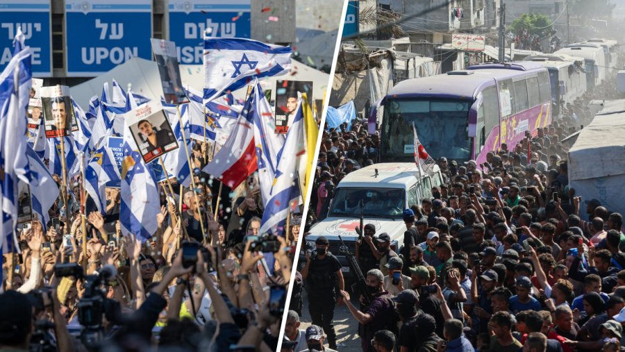 Israelis gather at Hostages Square (L) to celebrate after the release of the first group of hostages held in Gaza on Oct. 13, 2025 in Tel Aviv, Israel. Buses carrying Palestinians (R) released from Israeli prisons arrive outside the Nasser hospital in Khan Yunis in the southern Gaza Strip on Oct. 13, 2025.