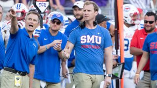 FORT WORTH, TX – SEPTEMBER 21: SMU Mustangs offensive coordinator Rhett Lashlee looks on from the sideline during the college football game between the SMU Mustangs and TCU Horned Frogs on September 21, 2019 at Amon G. Carter Stadium in Fort Worth, TX. (Photo by Matthew Visinsky/Icon Sportswire via Getty Images)