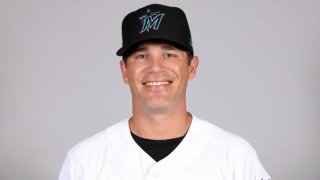 JUPITER, FL – FEBRUARY 20: Minor League Hitting Coordinator Eric Duncan #15 of the Miami Marlins poses during Photo Day on Wednesday, February 20, 2019 at Roger Dean Chevrolet Stadium in Jupiter, Florida. (Photo by Mary DeCicco/MLB via Getty Images)