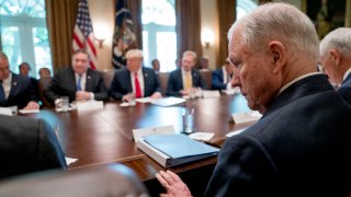 Attorney General Jeff Sessions attends a cabinet meeting in the Cabinet Room of the White House, Thursday, Aug. 16, 2018, in Washington.