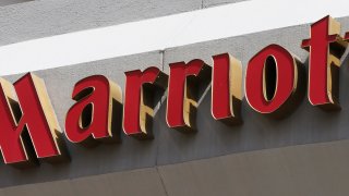 This Wednesday, March 23, 2016, file photo, shows a sign at a Marriott Hotel in Richmond, Va.