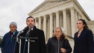 Attorney Cristobal Galindo, second from left, speaks accompanied by Jesus Hernandez, left, and Maria Guereca, and attorney Marion Reilly in front of the Supreme Court
