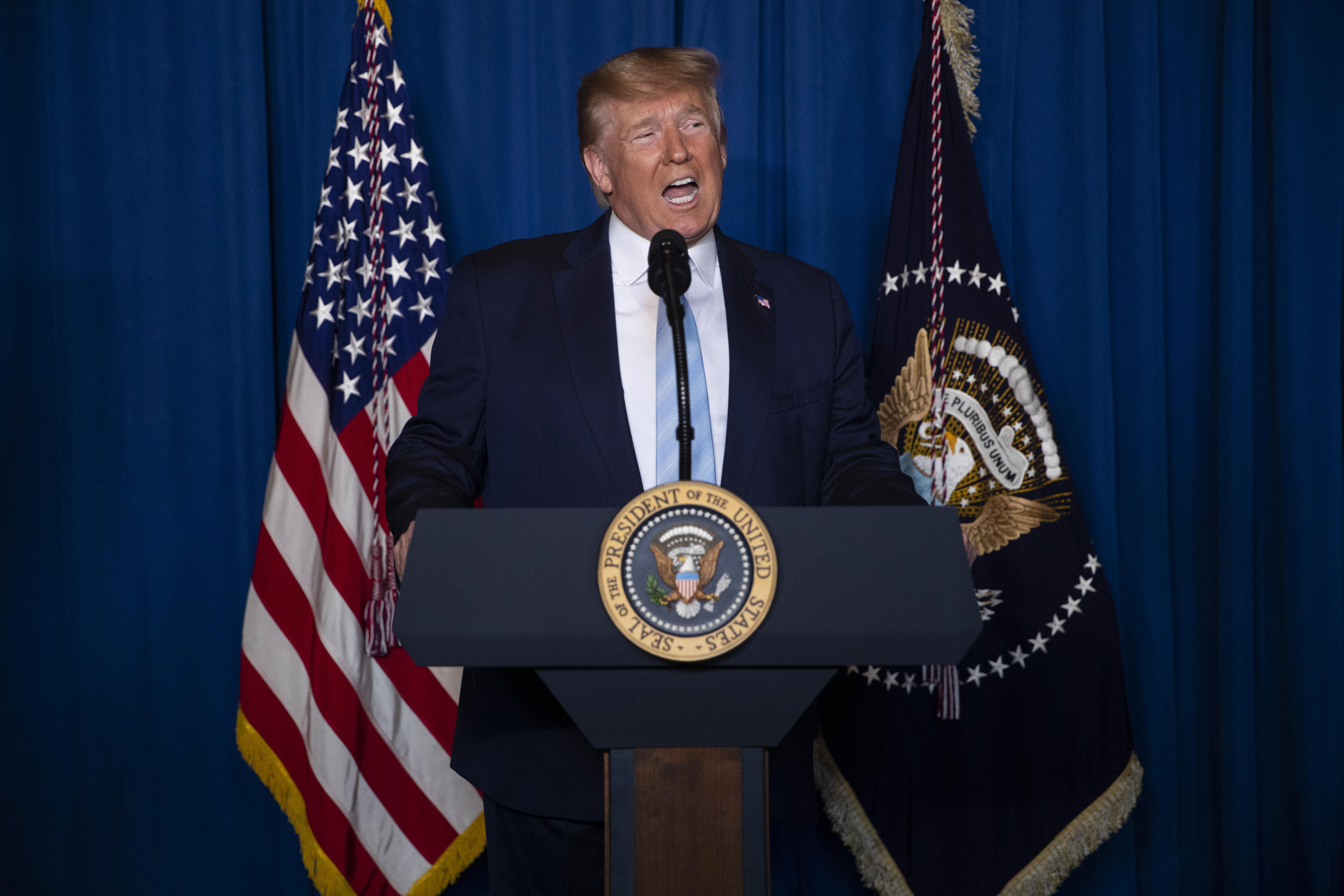 President Donald Trump delivers remarks on Iran, at his Mar-a-Lago property, Friday, Jan. 3, 2020, in Palm Beach, Fla.