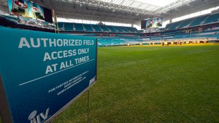 Hard Rock Stadium is shown during a tour for the media Tuesday, Jan. 28, 2020, in Miami Gardens, Fla., in preparation for the NFL Super Bowl 54 football game. (AP Photo/David J. Phillip)
