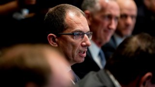 Moderna CEO Stephane Bancel speaks at a meeting with President Donald Trump, members of the Coronavirus Task Force, and pharmaceutical executives in the Cabinet Room of the White House, Monday, March 2, 2020, in Washington.