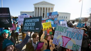 Abortion rights demonstrators along with Anti-abortion demonstrators rally outside of the U.S. Supreme Court in Washington