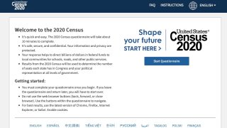 The homepage of the United States' Census 2020 website