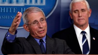 Dr. Anthony Fauci, director of the National Institute of Allergy and Infectious Diseases, speaks about the coronavirus in the James Brady Press Briefing Room of the White House, Tuesday, April 7, 2020, in Washington, as Vice President Mike Pence listens.