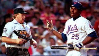 New York Mets' Bobby Bonilla argues a called third strike with umpire Gary Darling in the first inning of the May 10, 1993, game against the Florida Marlins.