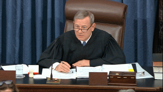In this Jan. 21, 2020, image from video, presiding officer Supreme Court Chief Justice John Roberts speaks during the impeachment trial against President Donald Trump in the Senate at the U.S. Capitol in Washington.