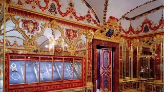 This undated photo provide by the State Art Collection in Dresden on Monday, Nov. 25, 2019, shows the Jewelery Room of the Green Vault with the display cases, left, showing the part of the collection that was affected by the robbery on the morning of Monday, Nov. 25, 2019, in Dresden.