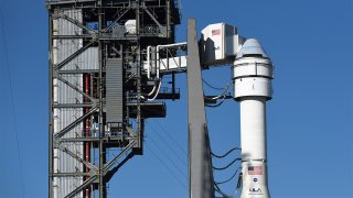 Boeing’s first CST-100 Starliner spacecraft sits atop a United Launch Alliance Atlas V rocket on pad 41 at Cape Canaveral Air Force Station on December 4, 2019 in Cape Canaveral, Florida.