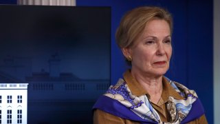 In this April 6, 2020, file photo, Dr. Deborah Birx, White House coronavirus response coordinator, listens as President Donald Trump speaks about the coronavirus in the James Brady Press Briefing Room of the White House in Washington, DC.