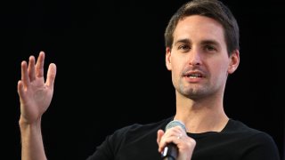 FILE - Snap Inc. co-founder and CEO Evan Spiegel speaks during the Disrupt SF 2019 conference at Moscone Center, Oct. 4, 2019, in San Francisco.