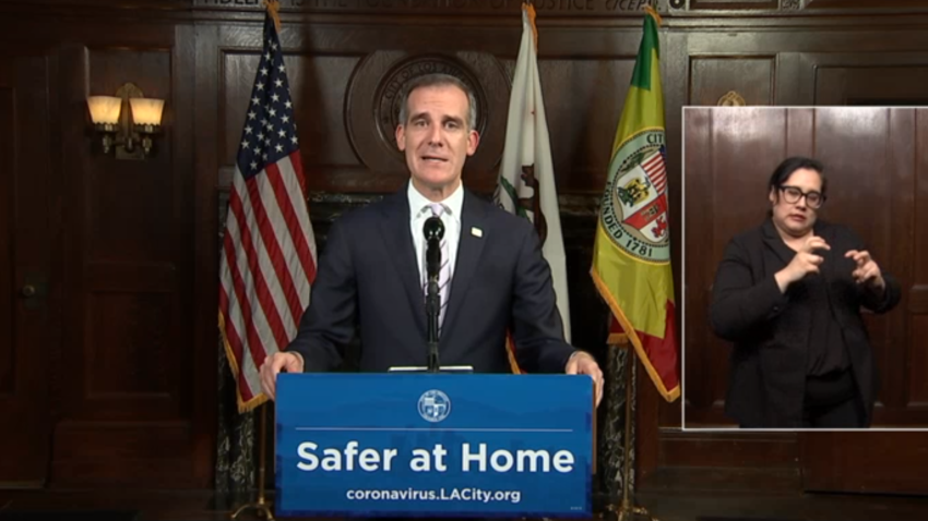 LA Mayor Eric Garcetti announces free COVID-19 testing is now open to delivery, rideshare and taxi drivers even if they don’t have symptoms on Monday, April 27, 2020.