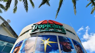 In this March 28, 2019, file photo, Tropicana Field is seen on Opening Day before a baseball game between the Tampa Bay Rays and the Houston Astros in St Petersburg, Florida.