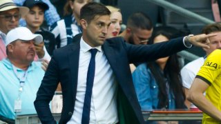 Monterrey’s coach Diego Alonso gives instructions to his players during the Mexican Apertura  2019 tournament football match against Necaxa at the BBVA Bancomer stadium in Monterrey, Mexico, on September 14, 2019.