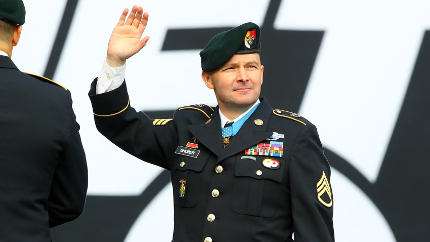 Medal of Honor recipient Staff Sgt. Ronald J. Shurer II waves to the crowd during the game between the New York Jets and the New York Giants on Nov. 10, 2019. at MetLife Stadium in East Rutherford, NJ.