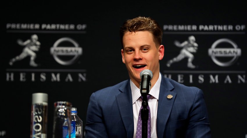 Quarterback Joe Burrow of the LSU Tigers speaks during a press conference on Dec. 14, 2019, in New York City.