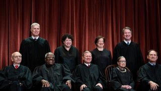 Justices of the United States Supreme Court sit for their official group photo at the Supreme Court on Friday, Nov. 30, 2018 in Washington, DC. Seated from left, Associate Justice Stephen Breyer, Associate Justice Clarence Thomas, Chief Justice of the United States John G. Roberts, Associate Justice Ruth Bader Ginsburg and Associate Justice Samuel Alito, Jr.. Standing from left, Associate Justice Neil Gorsuch, Associate Justice Sonia Sotomayor, Associate Justice Elena Kagan and Associate Justice Brett M. Kavanaugh.