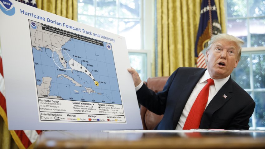 FILE: U.S. President Donald Trump speaks to members of the media about Hurricane Dorian in the Oval Office of the White House in Washington, D.C., U.S., on Wednesday, Sept. 4, 2019. Monday, January 20, 2020, marks the third anniversary of U.S. President Donald Trump's inauguration. Our editors select the best archive images looking back over Trumps term in office.